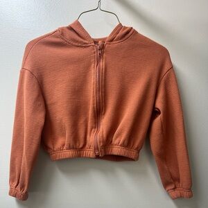 Shein Girls' Cropped Hoodie Burnt Orange Terracotta Zipper Waffle Knit Tween 9Y